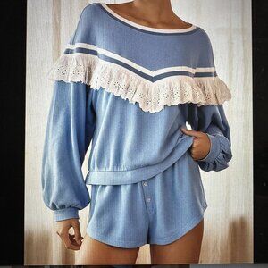 Anthropologie Blue Waffle Knit Eyelet Lace Ruffle Sweatshirt Shorts Set Size XS
